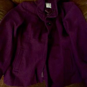 A large purple, Old Navy, ruffle collared wool jacket.